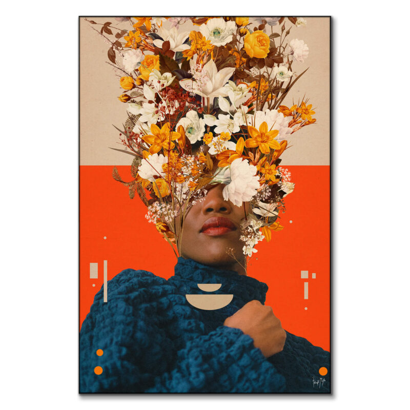 Woman's portrait with flowers, wearing a blue garment, against a beige and orange geometric background.