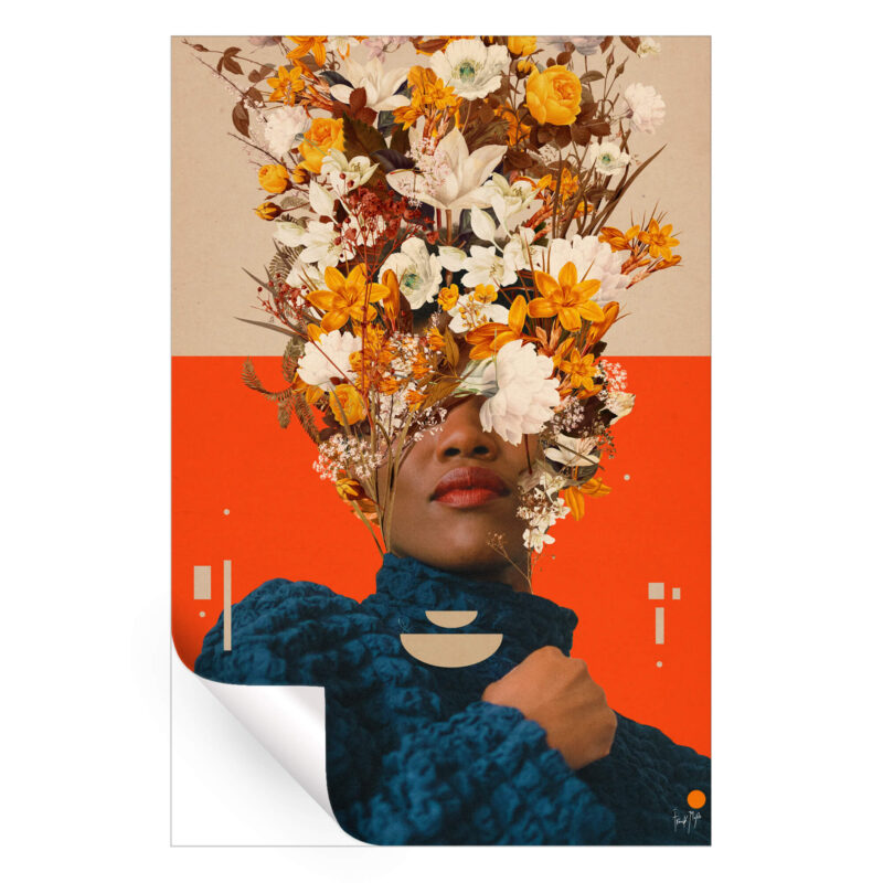 Yellow and white floral woman portrait, wearing a blue sweater, against a beige and orange background.