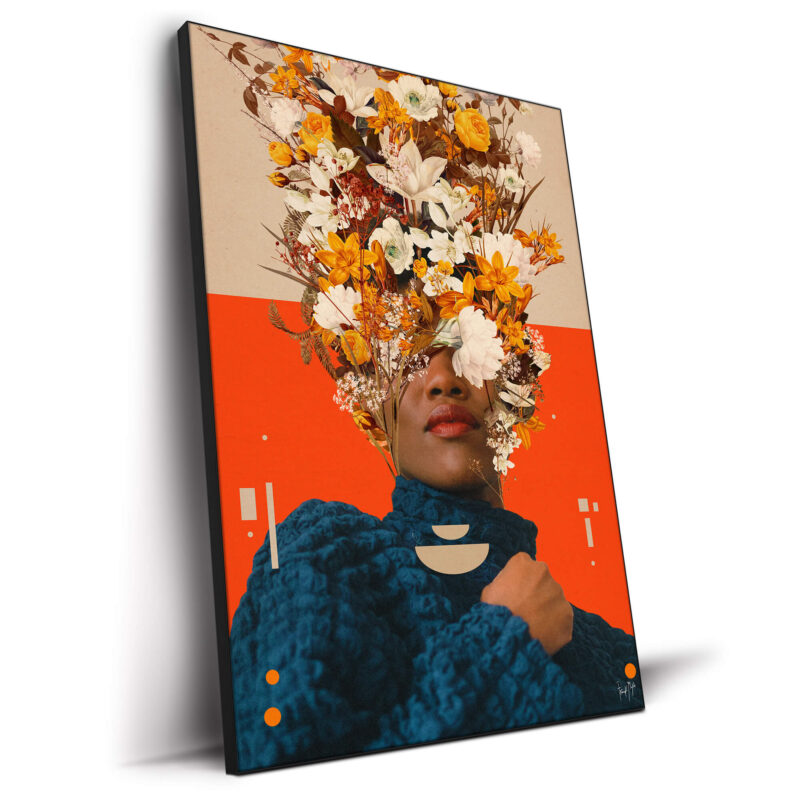 Woman's face emerging from a bouquet of flowers, wearing a blue garment, against a beige and orange background with geometric shapes.