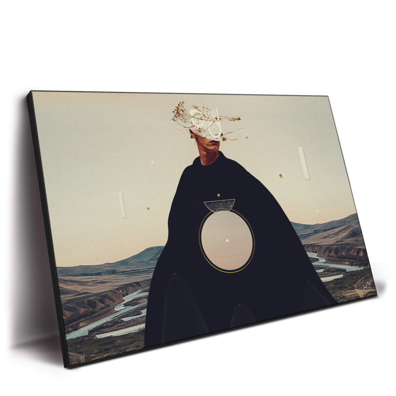 Solitary figure in dark robes with branches obscuring face, set against an arid river, featuring geometric patterns.