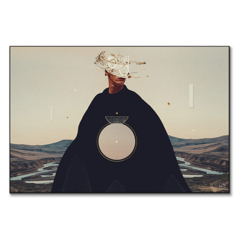 Lone figure in dark robes with branches obscuring face, set against landscape, featuring a circular design and geometric patterns.