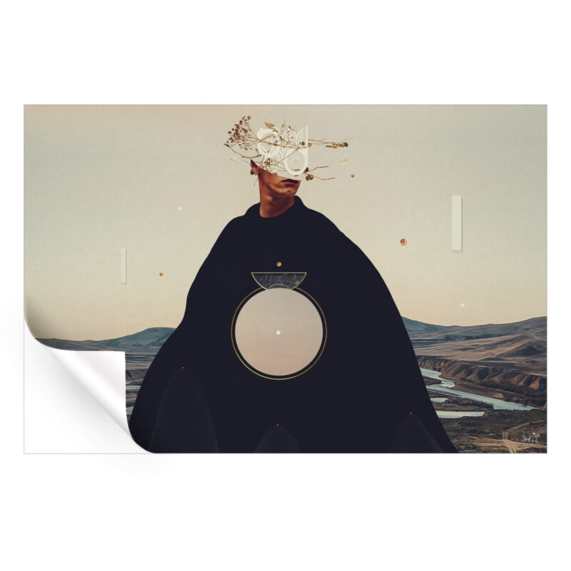 Lone figure in dark robes with branches obscuring face, set against an arid landscape, featuring a circular design and geometric patterns.