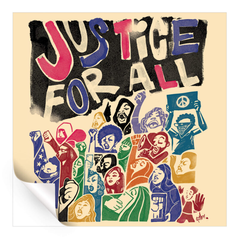 Illustration of diverse group raising fists and voices under "Justice for All" text, symbolizing unity and the fight for justice.