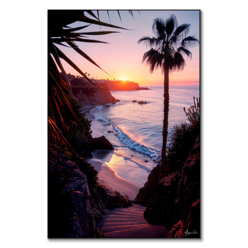 Sunset over ocean with a hidden staircase leading to a secluded beach, framed by palm trees and tropical plants.