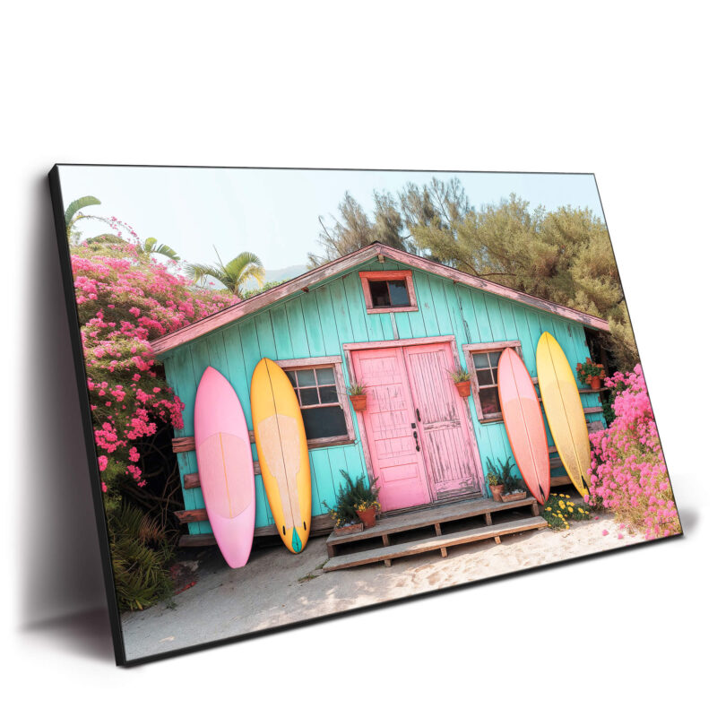 Colorful beach hut with a pink door, surrounded by blooming flowers and pastel surfboards.
