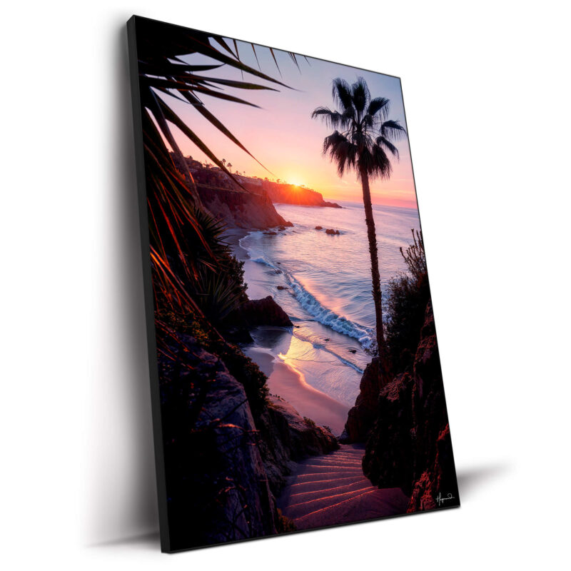 Sunset over water with a hidden staircase leading to a private beach, framed by palm trees and tropical plants.