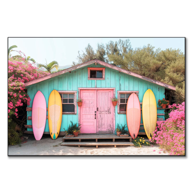Turquoise beach hut with a pink door, surrounded by blooming flowers and pastel surfboards.