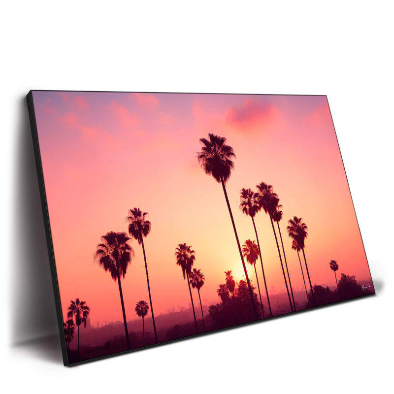 Silhouetted palm trees against a vibrant pink, orange, and purple sky with a distant city skyline.
