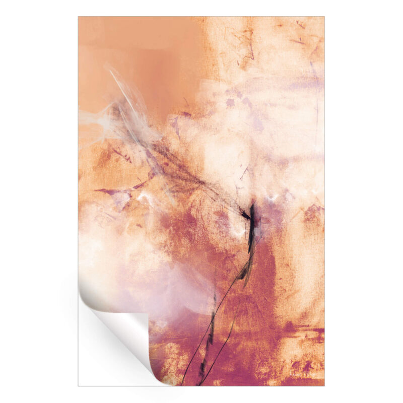 Abstract artwork in warm oranges and muted pinks, featuring a black brushstroke.
