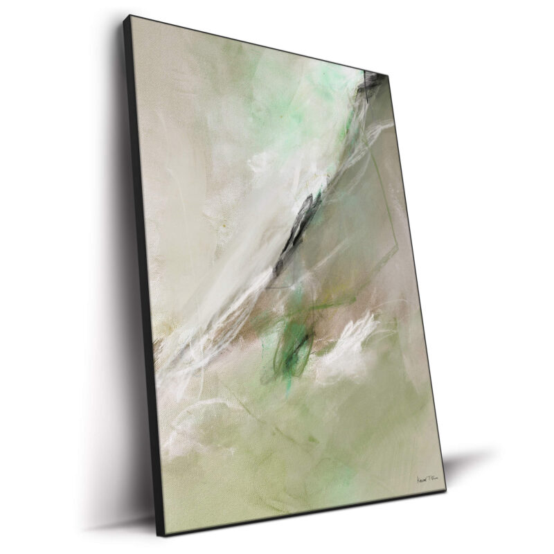 Abstract painting with soft greens, gray and white brushstrokes.
