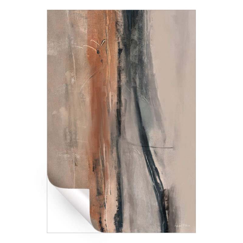 Abstract painting with vertical streaks in muted tones with textured brushstrokes.