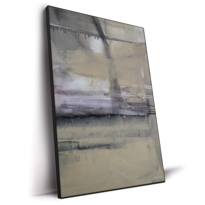 Abstract painting with soft earth tones with textured lines and drips.