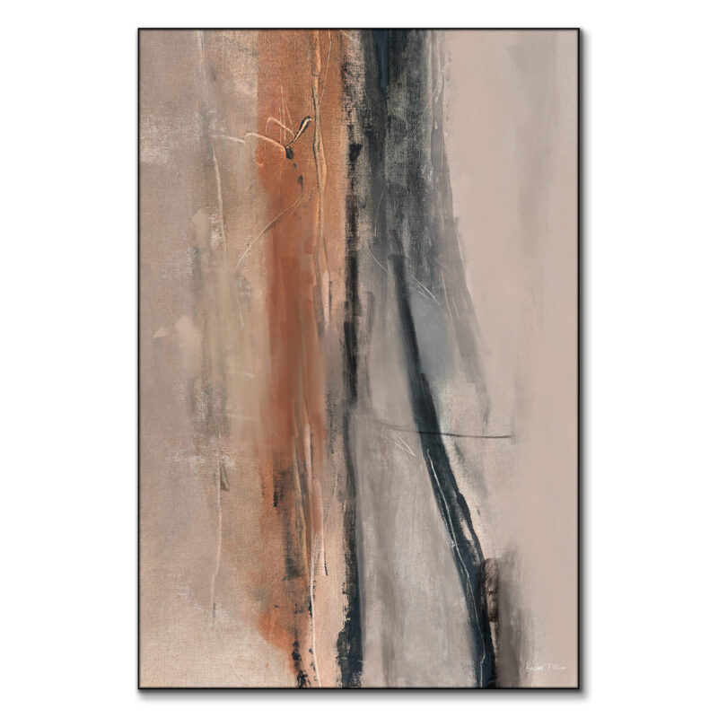 Abstract painting with vertical streaks in earthy tones with textured brushstrokes.
