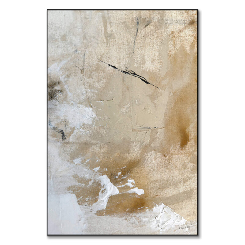 Abstract painting with white and tan tones and soft brushstrokes with textured surfaces.