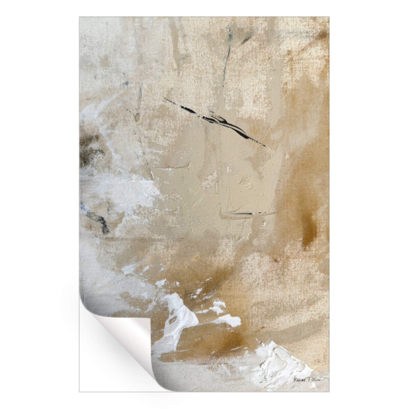 Abstract artwork with white and tan tones and soft brushstrokes with textured surfaces.