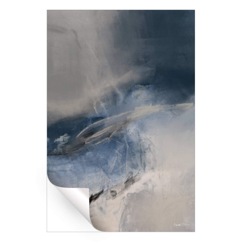 Abstract painting in blues and grays, with soft strokes and gentle color shifts.