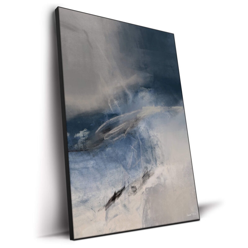 Abstract painting in blues and grays, with soft strokes and gentle color gradations.