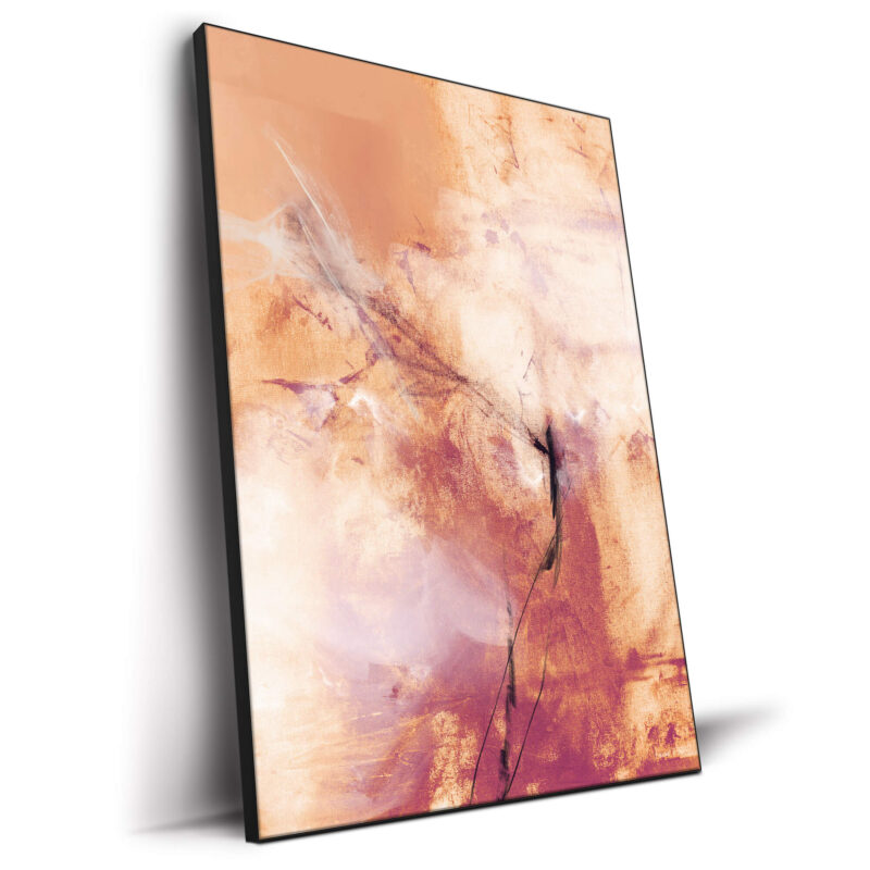 Abstract artwork in warm oranges and muted pinks, with white and black brushstrokes.