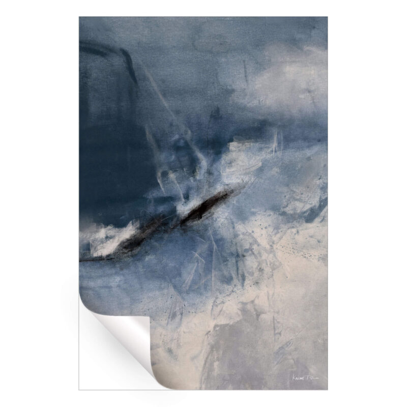 Calm gray and blue abstract painting with textured brushstrokes.