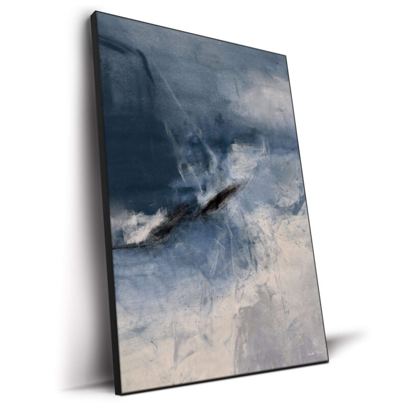 Abstract landscape in blues and neutral gray brushstrokes.