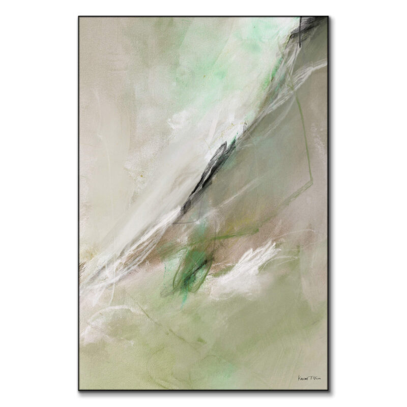Abstract painting with soft gray, green and white brushstrokes.