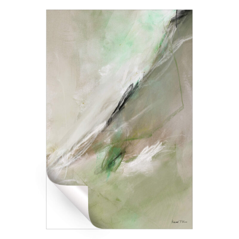 Abstract painting with soft greens, gray and white brushstrokes on canvas.