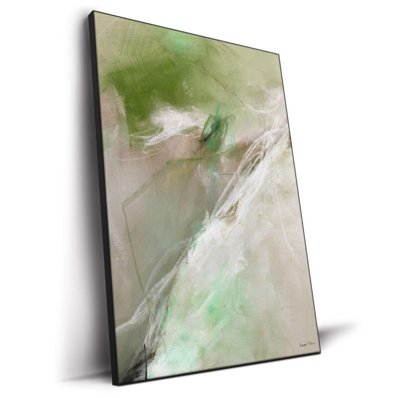 Abstract painting with green, white, and tan tones with fluid, sweeping brushstrokes.