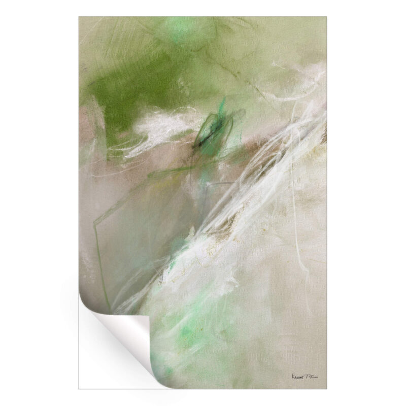 Abstract painting with green and tan tones with sweeping brushstrokes.