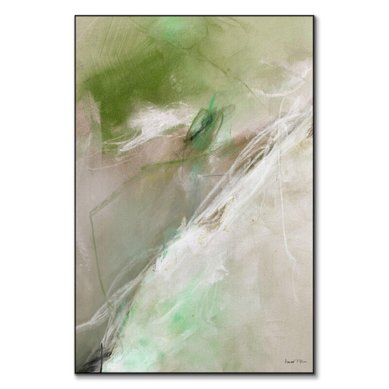 Painting with green, white, and tan tones with sweeping brushstrokes.