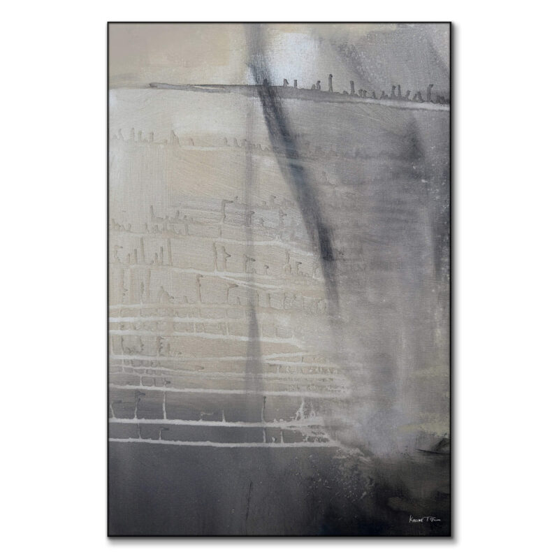 Abstract painting in grey with horizontal lines and drips.