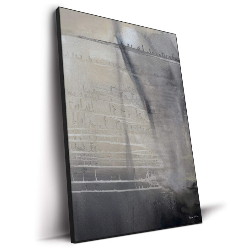 Abstract layered painting in grey with horizontal lines and drips.