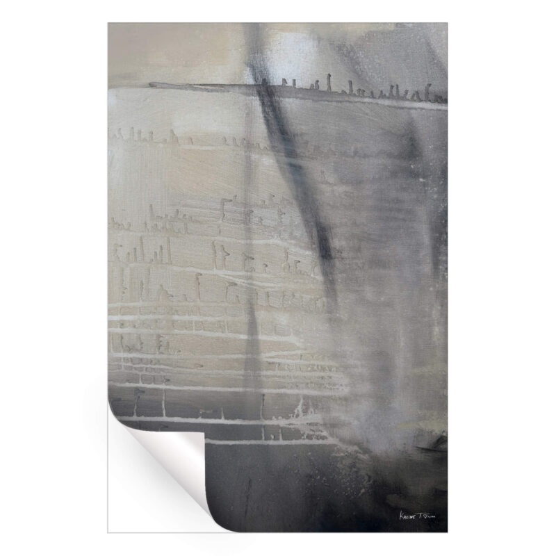 Abstract painting in muted greys horizontal lines and drips.
