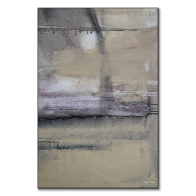 Abstract painting with soft earthy tones with textured lines and drips.