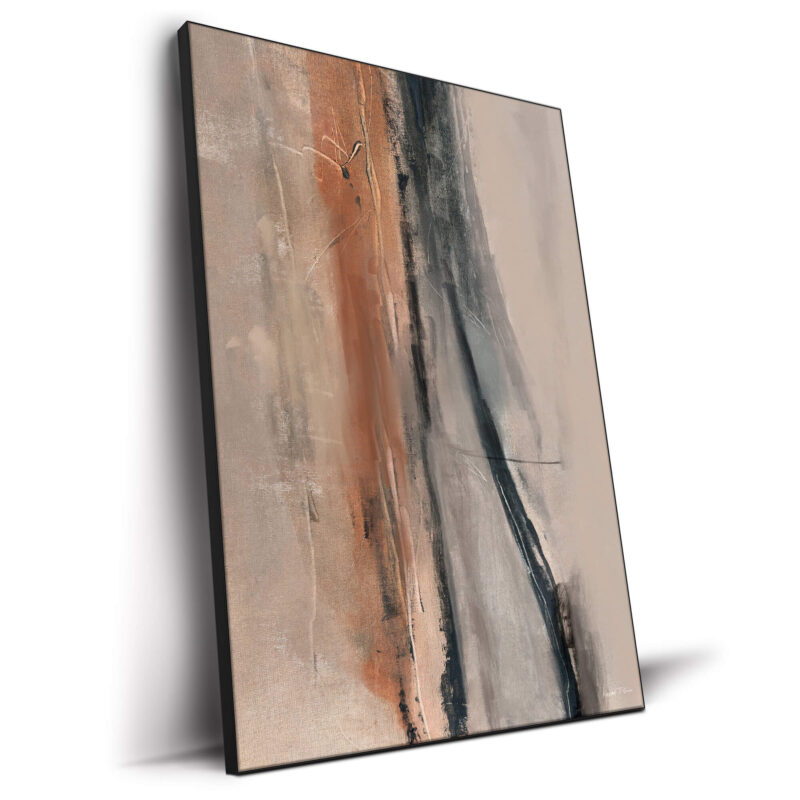 Abstract artwork with vertical streaks of earthy tones like rust, charcoal, and beige.