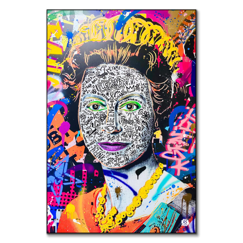 Queen Elizabeth's portrait with intricate doodles and colorful graffiti background.