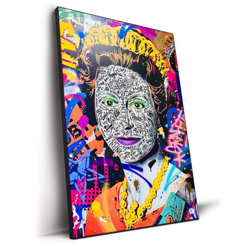 Queen's portrait with intricate doodles and colorful graffiti background.