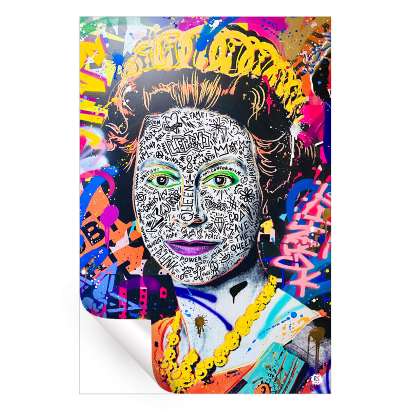 Queen Elizabeth portrait with intricate doodles and colorful graffiti background.
