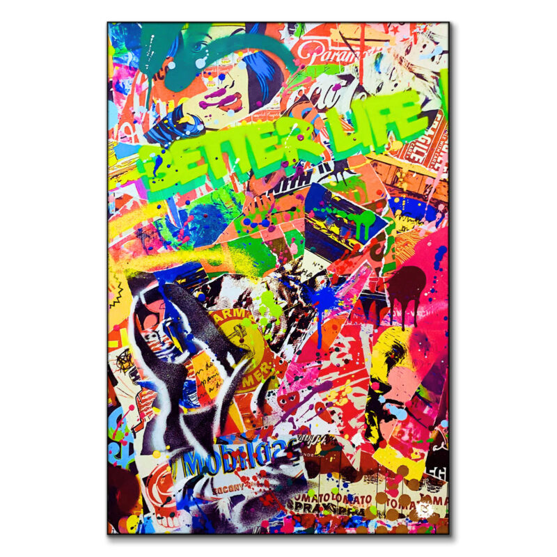 Street art with bright colors, street art elements, and "BETTER LIFE" spray painted in green.