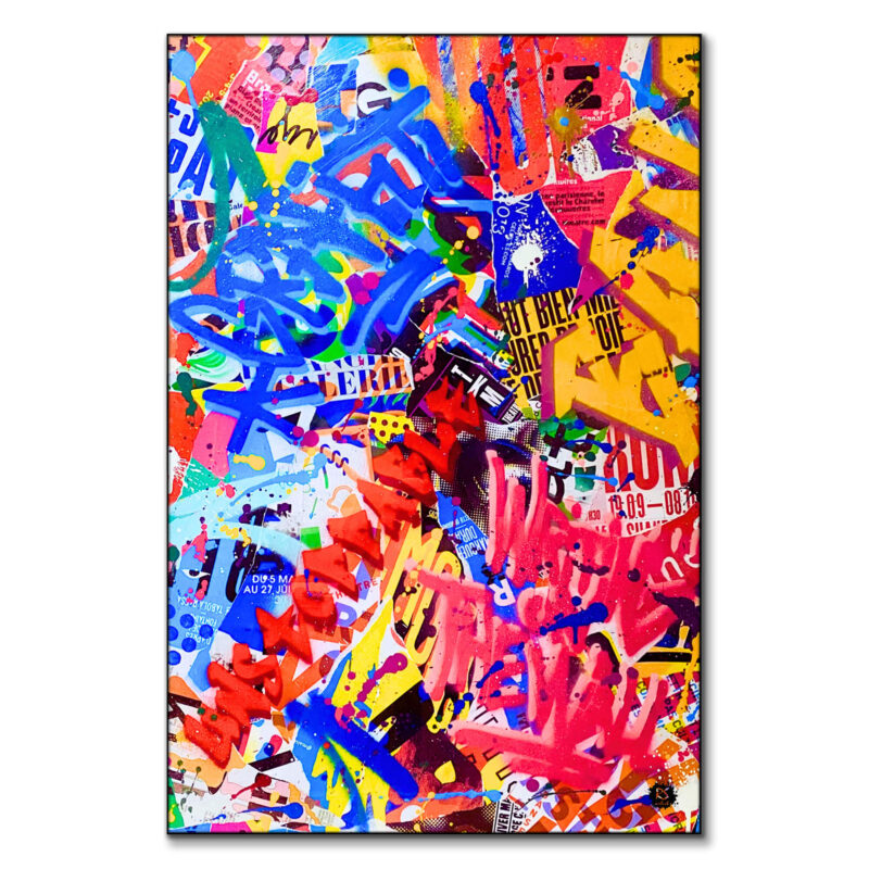 Collage artwork with bold colors, graffiti tags, and layered posters.