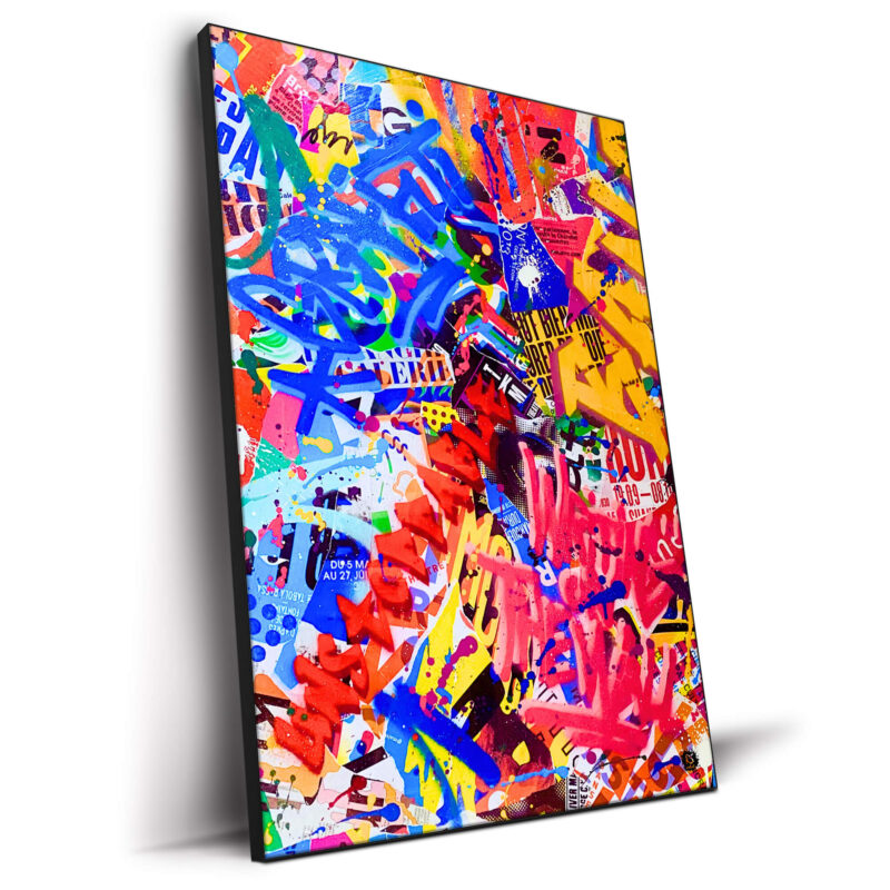 Energetic spray paint artwork with bold colors, graffiti tags, and layered posters.