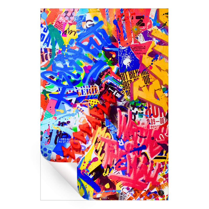 Energetic collage artwork with bold colors, graffiti tags, and layered posters.