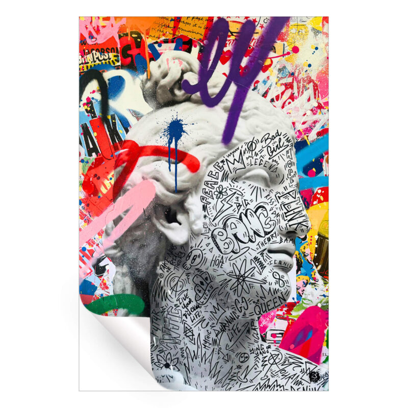 Classical marble bust with modern doodles and colorful graffiti.