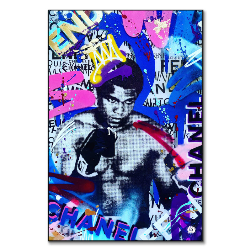 Muhammad Ali collage with colorful graffiti and luxury brand names in the background.