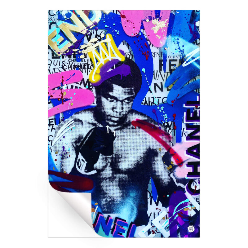 Muhammad Ali in monochrome with colorful graffiti and luxury brand names in the background.