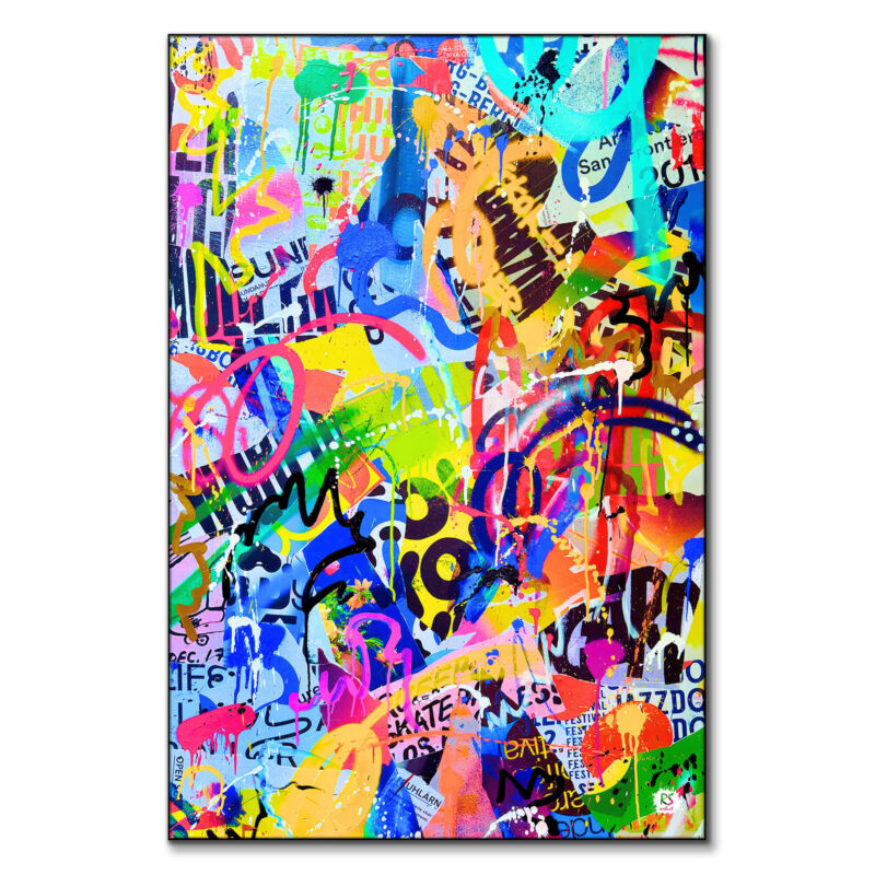 Colorful abstract collage art with graffiti elements and vibrant paint splashes.