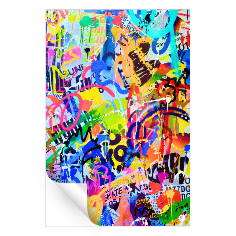 Colorful abstract artwork with graffiti elements and vibrant paint splashes.
