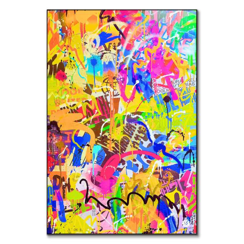 Vibrant abstract street art with bright colors, paint splatters, and graffiti-style markings.
