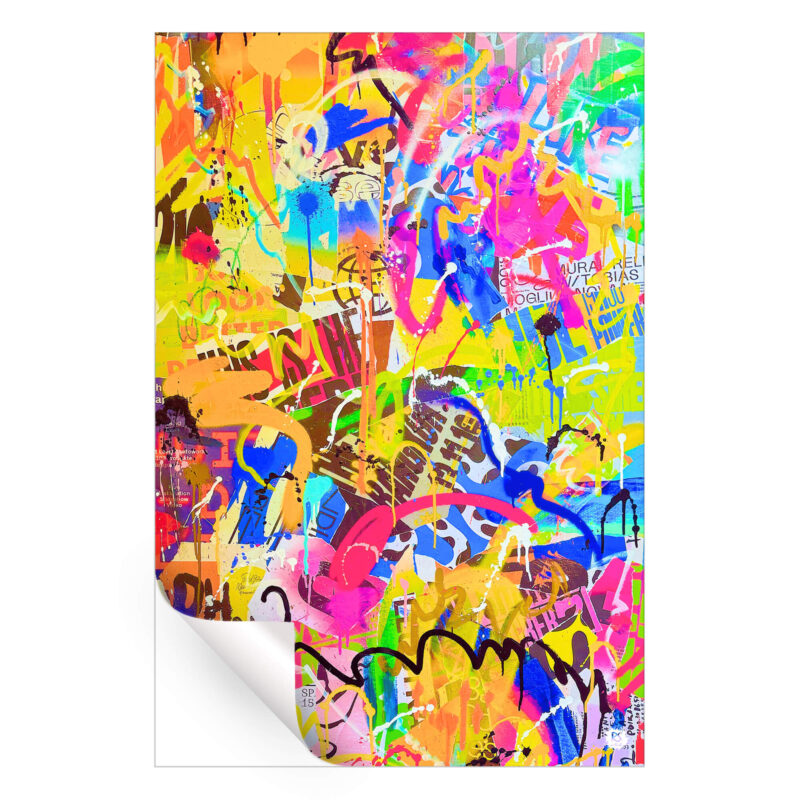 Vibrant abstract art with bright colors, paint splatters, and graffiti-style markings.