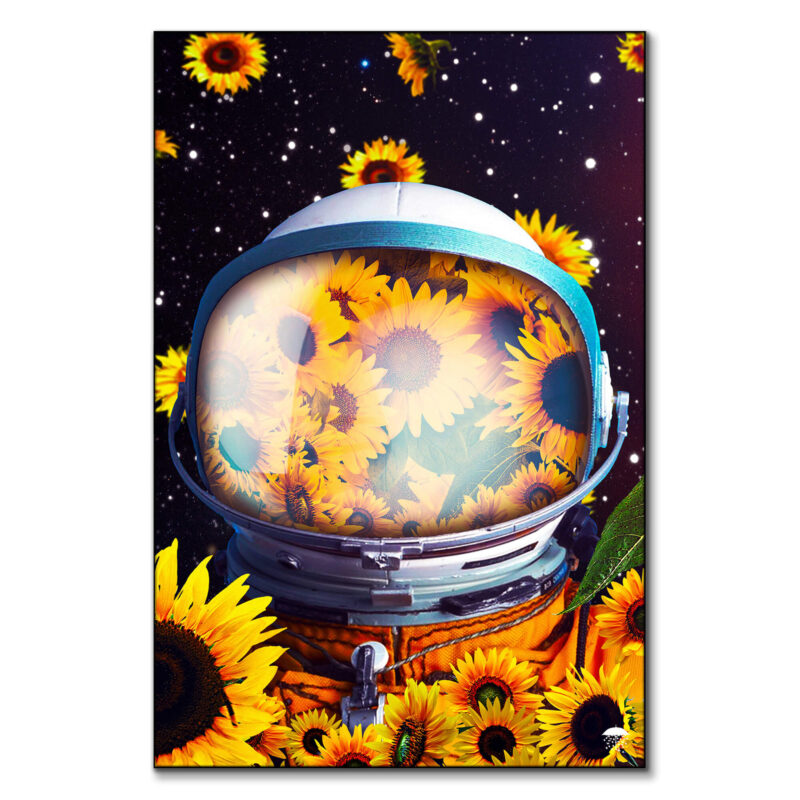 Astronaut surrounded by bright yellow sunflowers against a starry space background.