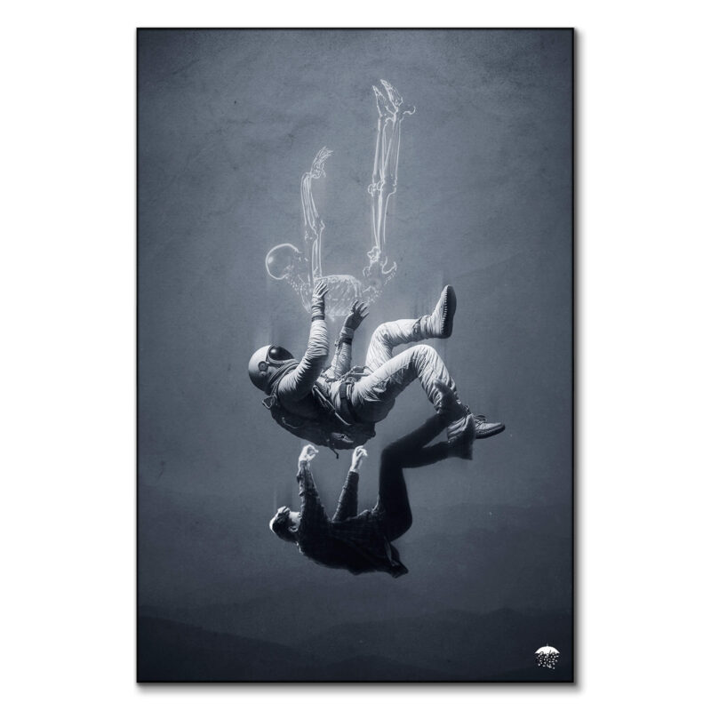 Falling astronaut, skeleton and man in surreal collage art against gray background.